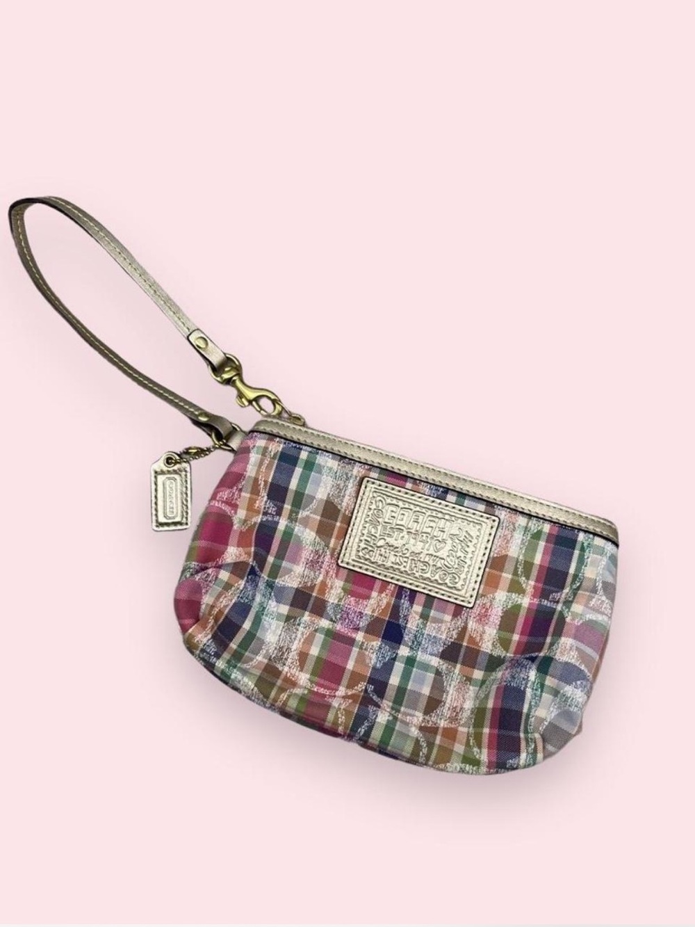 Coach Poppy Tartan Plaid Wristlet in Multicolor & Pink